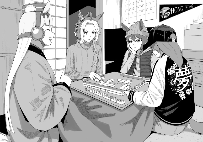 4girls, animal_ears, baseball_cap, beanie, bow, calendar_(object), commentary_request, denim