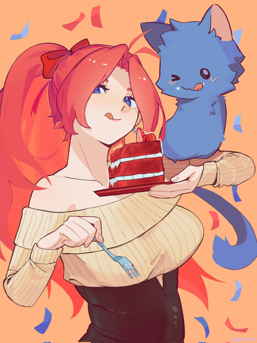 1girl, :q, animal_on_shoulder, bare_shoulders, blue_cat, blue_eyes, breasts, cat