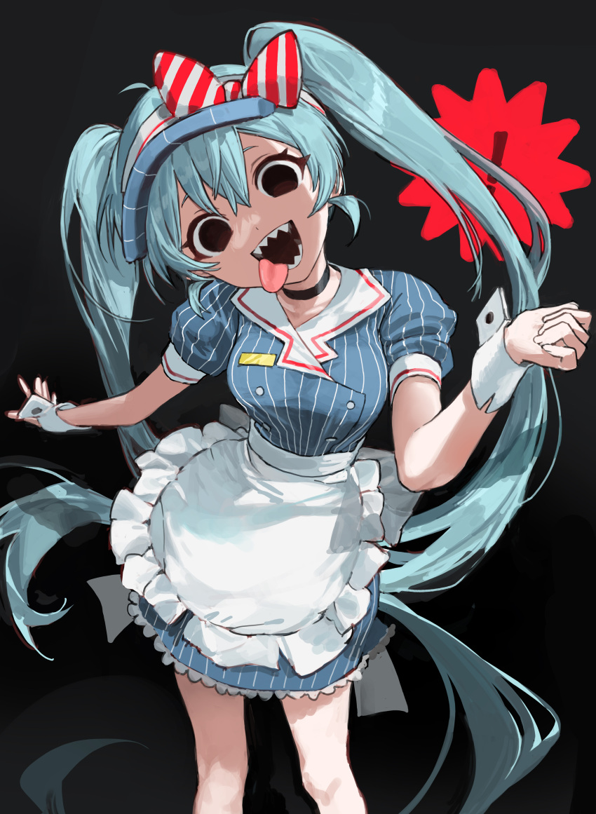 !, 1girl, absurdres, apron, aqua_hair, black_background, black_choker, blue_dress