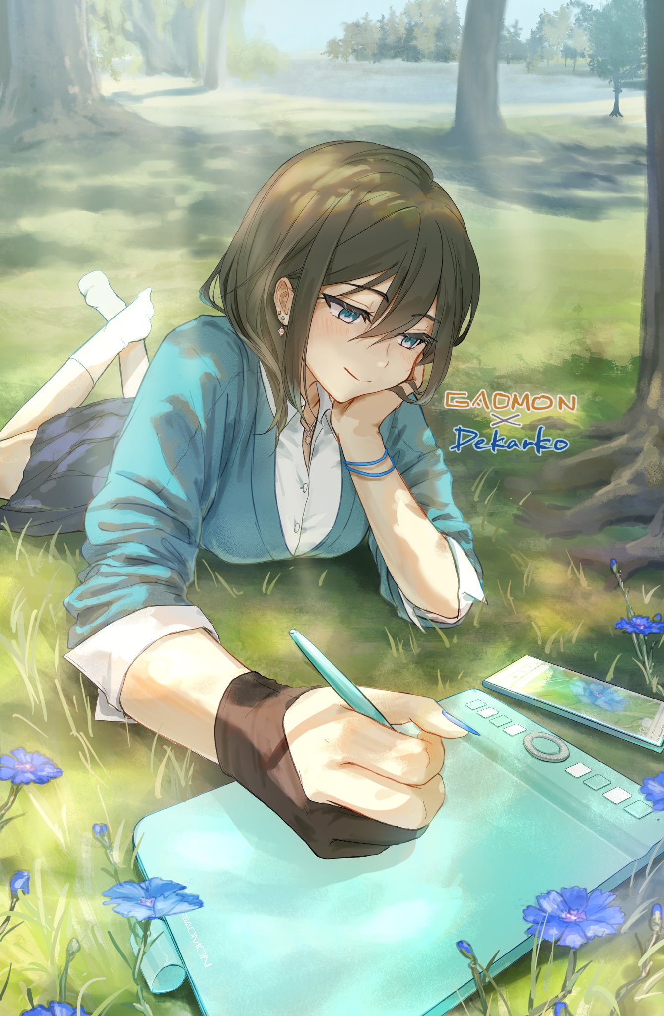 1girl, artist_glove, artist_name, blue_cardigan, blue_eyes, blue_nails, bracelet, breasts