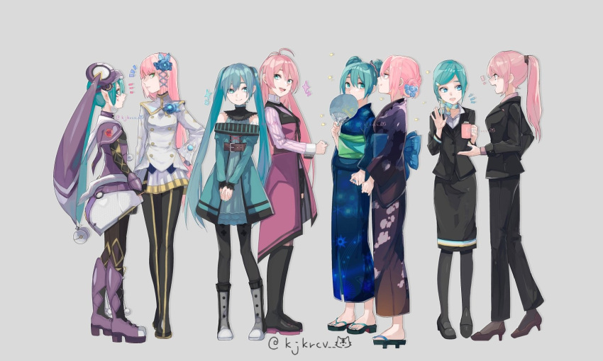 2girls, :d, akatsuki_arrival_(vocaloid), antenna_hair, aqua_eyes, aqua_hair, aqua_nails, avant-garde_(module)