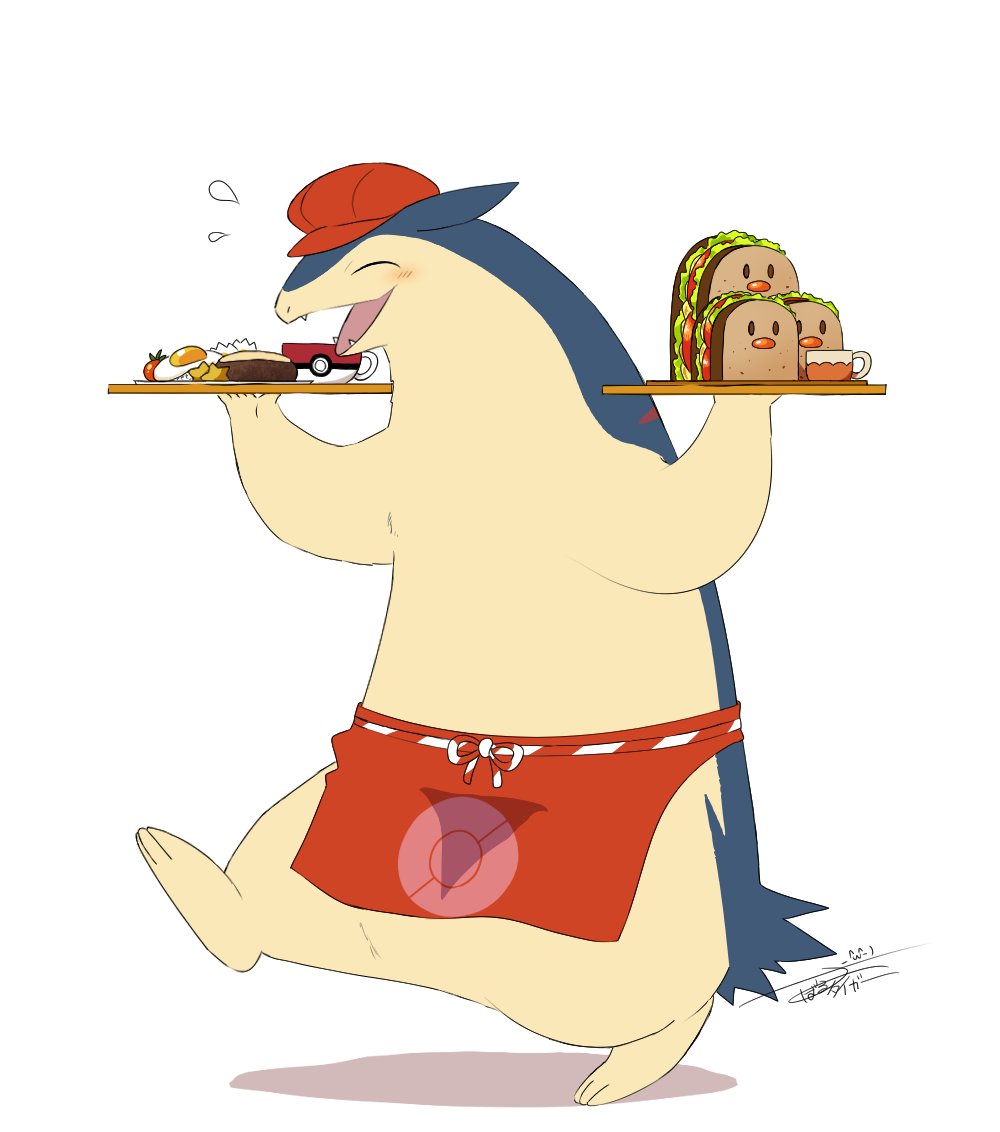 apron, badger, drink, egg, fangs, food, hat, holding