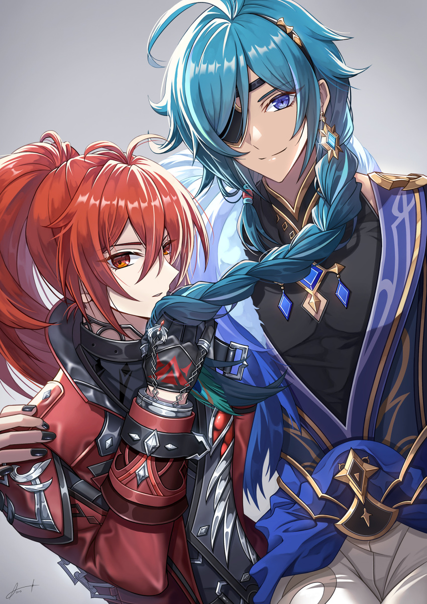 2boys, antenna_hair, aono_(aono_pic), artist_name, black_gloves, black_nails, black_shirt, blue_eyes, blue_hair, braid, chain, closed_mouth, commentary_request, crossed_bangs, dark-skinned_male, dark_skin, diluc_(genshin_impact), diluc_(red_dead_of_night)_(genshin_impact), earrings, expressionless, eyepatch, fingernails, fur_trim, genshin_impact, glint, gloves, gold_trim, grey_background, grey_vest, hair_between_eyes, hair_over_shoulder, hand_on_another's_shoulder, hand_up, high_ponytail, highres, holding_another's_hair, jacket, jewelry, kaeya_(genshin_impact), kaeya_(sailwind_shadow)_(genshin_impact), long_hair, long_sleeves, looking_at_viewer, male_focus, multicolored_hair, multiple_boys, nail_polish, official_alternate_costume, official_alternate_hairstyle, one_eye_covered, open_clothes, open_jacket, pants, parted_bangs, parted_lips, pectorals, ponytail, red_eyes, red_jacket, redhead, shirt, sidelocks, signature, simple_background, single_braid, single_earring, sitting, sitting_on_lap, sitting_on_person, smile, split_mouth, streaked_hair, swept_bangs, vest, white_pants
