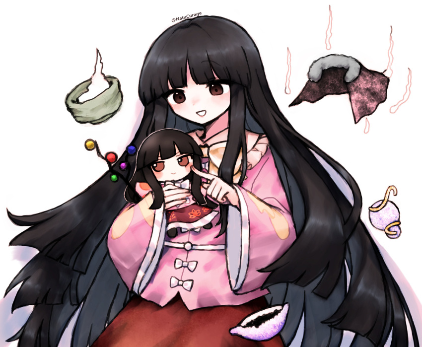 1girl, black_hair, branch, brown_eyes, commentary_request, doll, fumo_(doll), highres