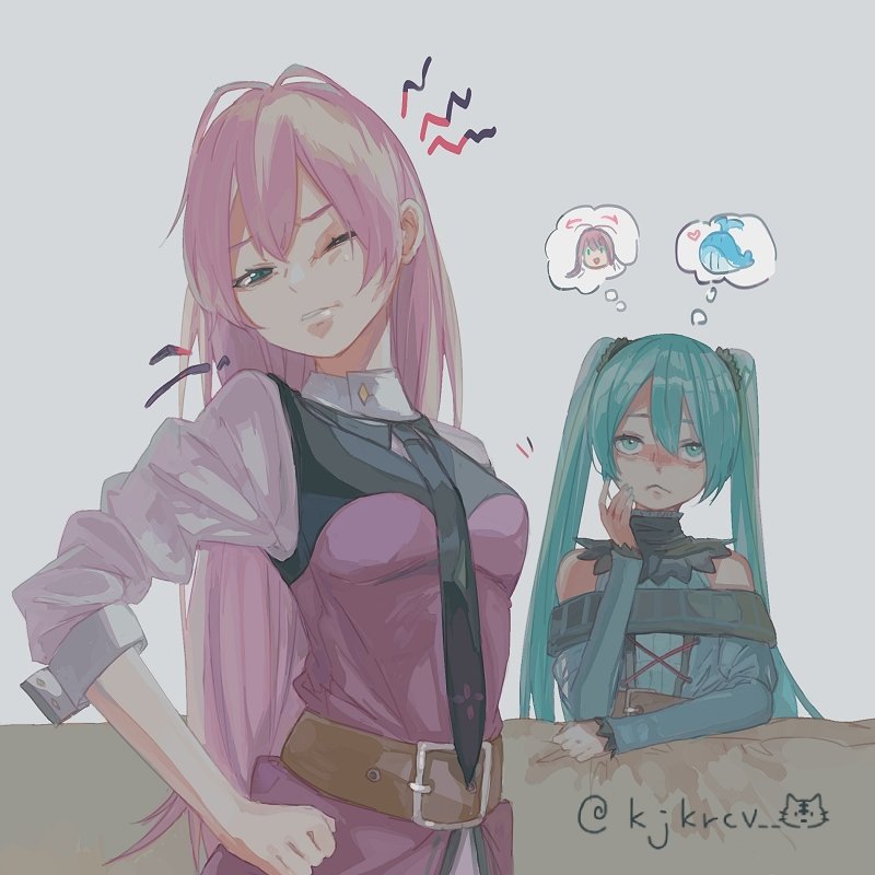 2girls, akatsuki_arrival_(vocaloid), aqua_dress, aqua_eyes, aqua_hair, avant-garde_(module), bare_shoulders, belt, dress, grey_background, hatsune_miku, lady-ichiko, long_hair, megurine_luka, multiple_girls, necktie, off-shoulder_dress, off_shoulder, pink_hair, project_diva_(series), project_diva_f_2nd, simple_background, successor_(module), thinking, thought_bubble, twitter_username, upper_body, vocaloid