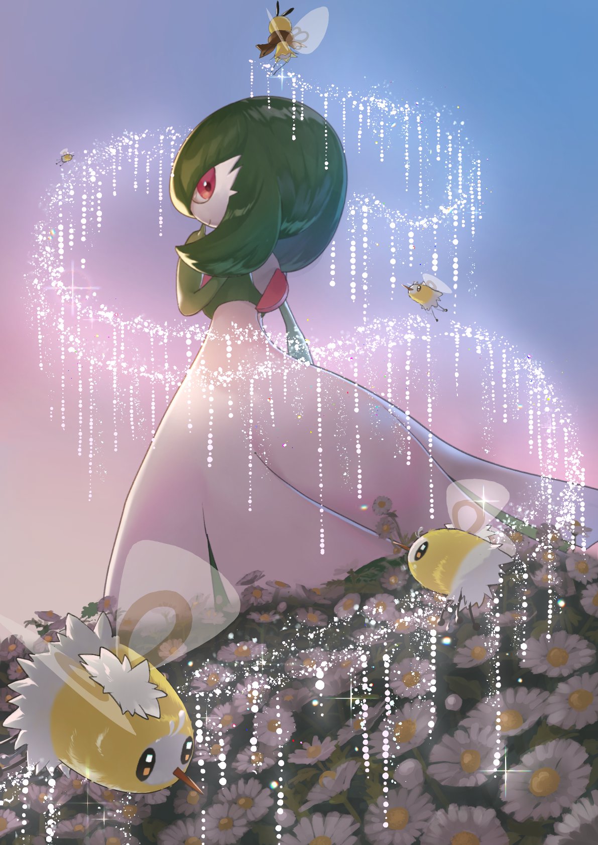 bee, bug, colored_skin, cutiefly, dress, flower_bed, from_behind, gardevoir