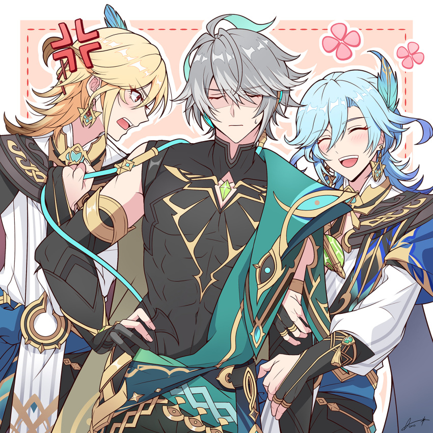 3boys, :d, ^_^, alhaitham_(genshin_impact), alternate_hair_color, anger_vein, annoyed, antenna_hair