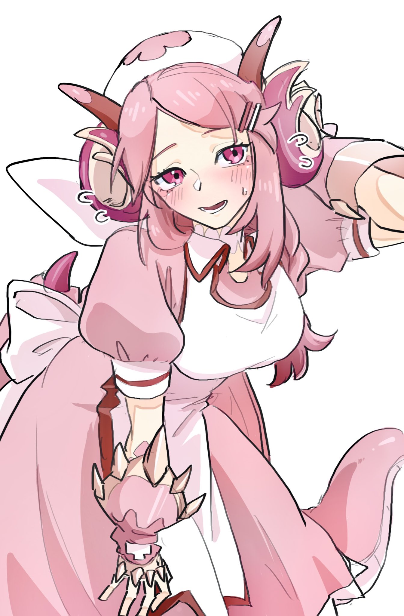 1girl, bent_over, blush, braid, breasts, cowboy_shot, dragon_girl, dragon_horns