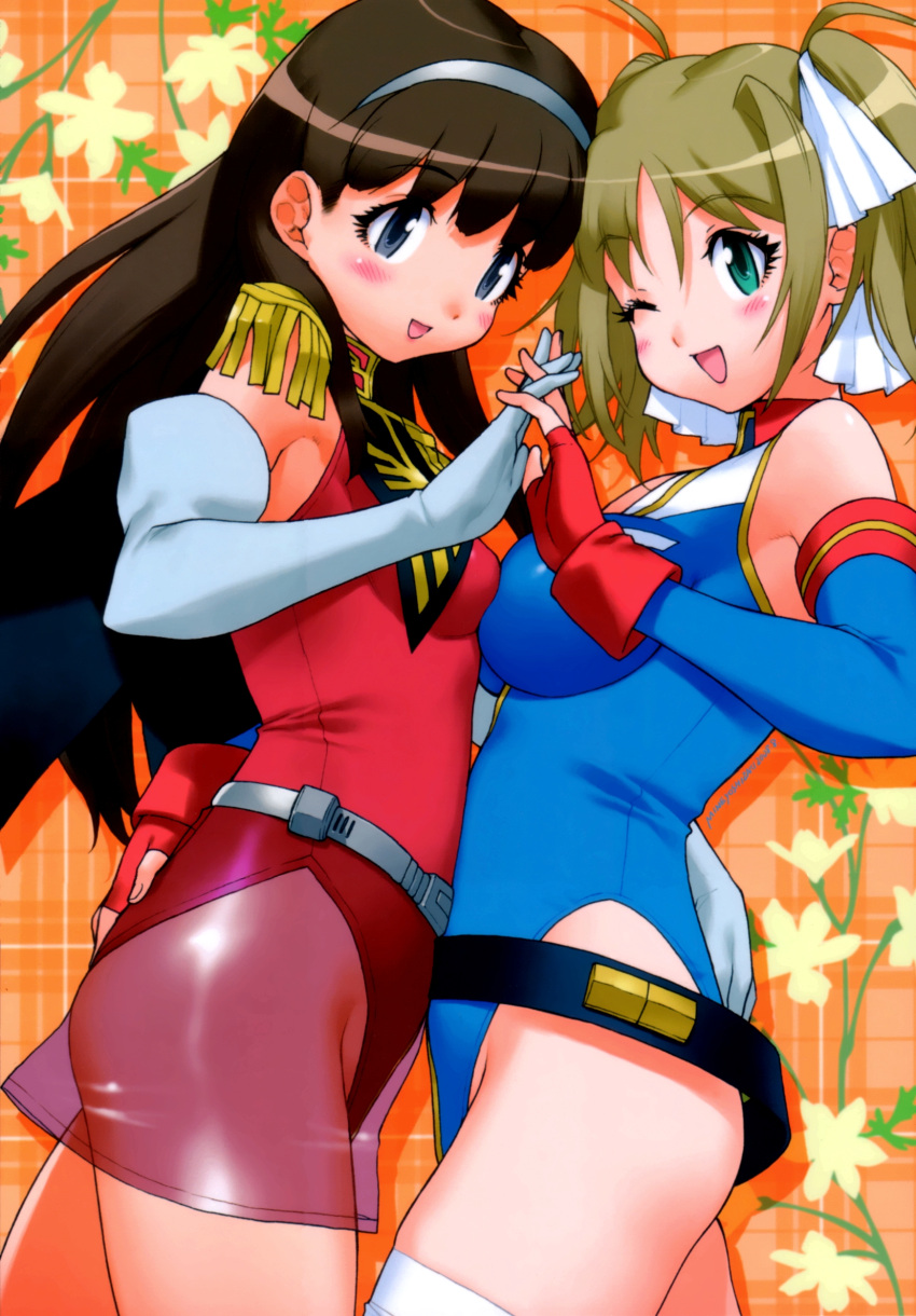 absurdres, ass, ass_grab, asymmetrical_docking, belt, beltskirt, blue_eyes, blush