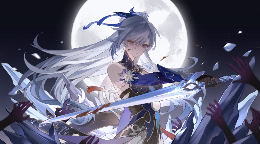 1girl, absurdres, bare_shoulders, black_gloves, blood, blood_on_face, blood_on_weapon, blue_dress, chinese_commentary, collared_dress, commentary_request, cowboy_shot, detached_sleeves, dress, expressionless, floating_hair, flower, from_side, full_moon, ghost_hands, gloves, hair_intakes, hair_ribbon, highres, holding, holding_sword, holding_weapon, honkai:_star_rail, honkai_(series), huge_moon, ice, ice_shard, jewelry, jingliu_(honkai:_star_rail), lamblab0824, long_hair, looking_at_viewer, moon, night, night_sky, outdoors, red_eyes, ribbon, ring, shards, sky, solo, standing, sword, tassel, weapon, white_flower, white_hair