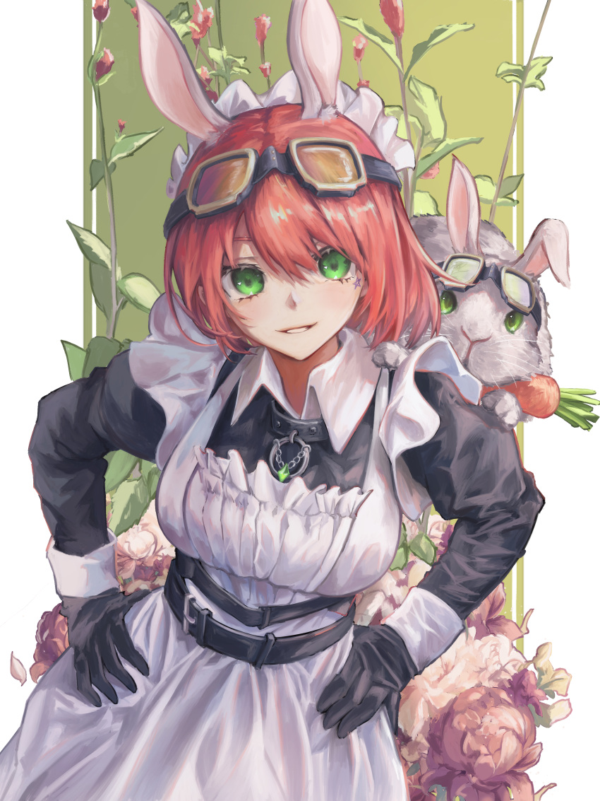 1girl, absurdres, animal_ears, apron, belt, black_belt, black_gloves, carrot