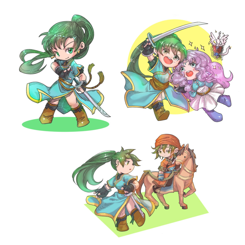 2boys, 2girls, bandana, belt, black_gloves, blue_dress, blue_eyes, blue_footwear