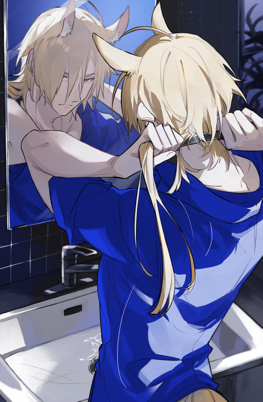 1boy, absurdres, animal_ears, arknights, blonde_hair, blue_shirt, commentary, facing_away