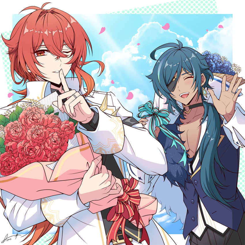 2boys, :d, ^_^, antenna_hair, aono_(aono_pic), aqua_ribbon, artist_name, belt