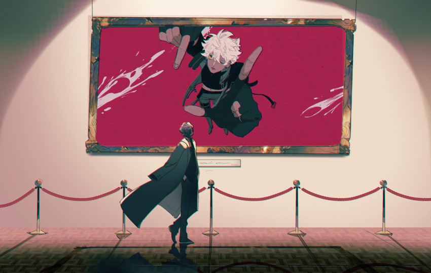 ..._(user_ctgg5484), 1boy, a-37, art_gallery, black_footwear, black_hair, black_pants, black_shirt, coat, commentary_request, full_body, grey_coat, highres, indoors, long_sleeves, mahjong_soul, male_focus, open_clothes, open_coat, painting_(object), pants, reflective_floor, saitou_osamu, shirt, short_hair, solo, stanchion, walking, white_hair