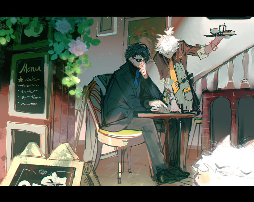 ..._(user_ctgg5484), 2boys, a-37, apron, black-framed_eyewear, black_footwear, black_hair, black_jacket, black_pants, black_shirt, blue_necktie, bowing, brick_wall, cafe, cat, chair, closed_mouth, commentary_request, flower, full_body, glasses, grey_apron, hand_on_own_chin, highres, holding, holding_tray, indoors, jacket, letterboxed, mahjong_soul, male_focus, menu, multiple_boys, necktie, painting_(object), pants, plant, railing, saitou_osamu, shirt, shoes, short_hair, sitting, sleeves_rolled_up, standing, table, tie_clip, tray, vines, waiter, white_cat, white_flower, white_hair, yellow_necktie