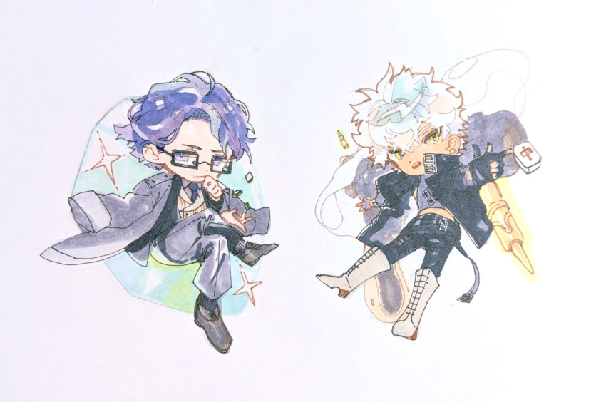 ..._(user_ctgg5484), 2boys, a-37, black-framed_eyewear, black_gloves, black_jacket, black_pants, blue_necktie, boots, bullet, chibi, closed_mouth, coat, coat_on_shoulders, commentary_request, crossed_legs, expressionless, fingerless_gloves, full_body, glasses, gloves, grey_coat, grey_footwear, grey_pants, gun, highres, jacket, looking_at_viewer, mahjong_soul, mahjong_tile, male_focus, medium_bangs, messy_hair, multiple_boys, necktie, painting_(medium), pants, purple_hair, revolver, saitou_osamu, shoes, short_hair, simple_background, sparkle, tan, traditional_media, violet_eyes, watercolor_(medium), weapon, white_background, white_footwear, white_hair, yellow_eyes
