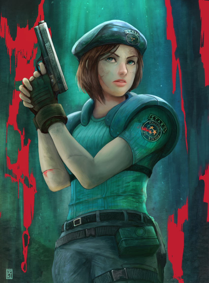 1girl, absurdres, belt, beret, black_belt, blood, blood_on_arm, blue_eyes, blue_pants, blue_shirt, brown_hair, buckle, cowboy_shot, denim, fingerless_gloves, gloves, gun, handgun, hat, highres, holding, holding_gun, holding_weapon, injury, jeans, jill_valentine, pants, parted_lips, police, police_uniform, policewoman, resident_evil, s.t.a.r.s._uniform, shirt, short_sleeves, snap-fit_buckle, solo, uchi_vs_the_world, uniform, watermark, weapon