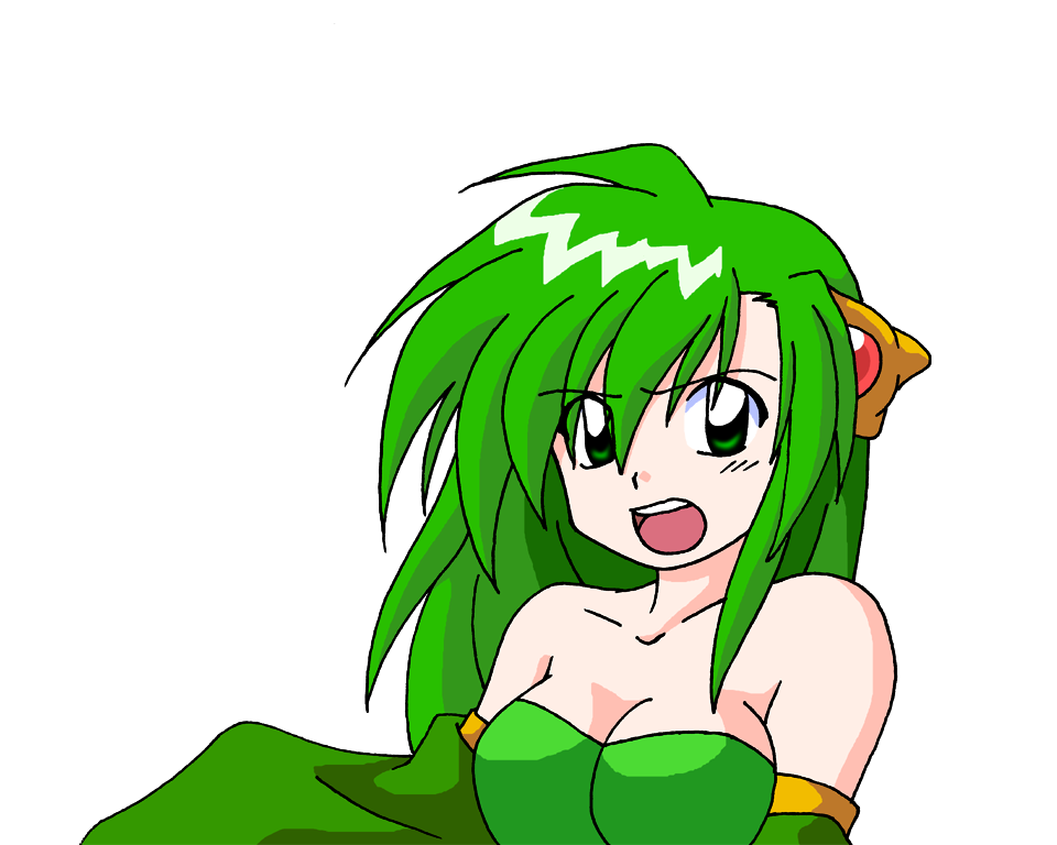 bad_id, bare_shoulders, breasts, cleavage, final_fantasy, final_fantasy_iv, green_eyes, green_hair, hair_ornament, horus_(artist), long_hair, open_mouth, rydia, solo