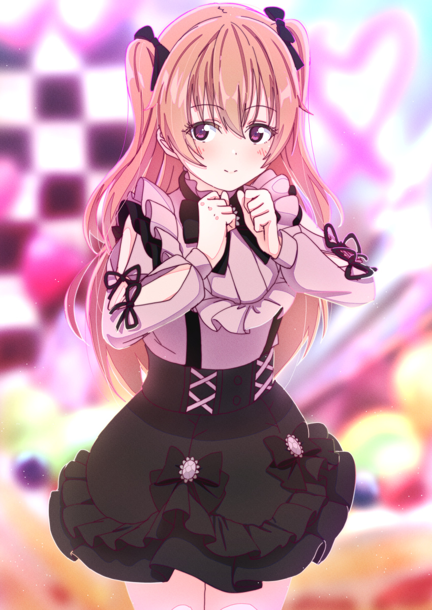 1girl, ajapar, alternate_hairstyle, black_bow, black_bowtie, black_skirt, blurry, blurry_background