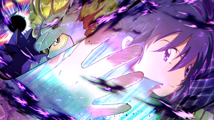 2boys, armor, black_armor, black_hair, blonde_hair, digimon, digimon_frontier, evolution, evolutionary_line, henshin, henshin_pose, highres, kato_(digiyuzu), kimura_kouichi, louwemon, multiple_boys, short_hair, shoulder_armor, upper_body, violet_eyes