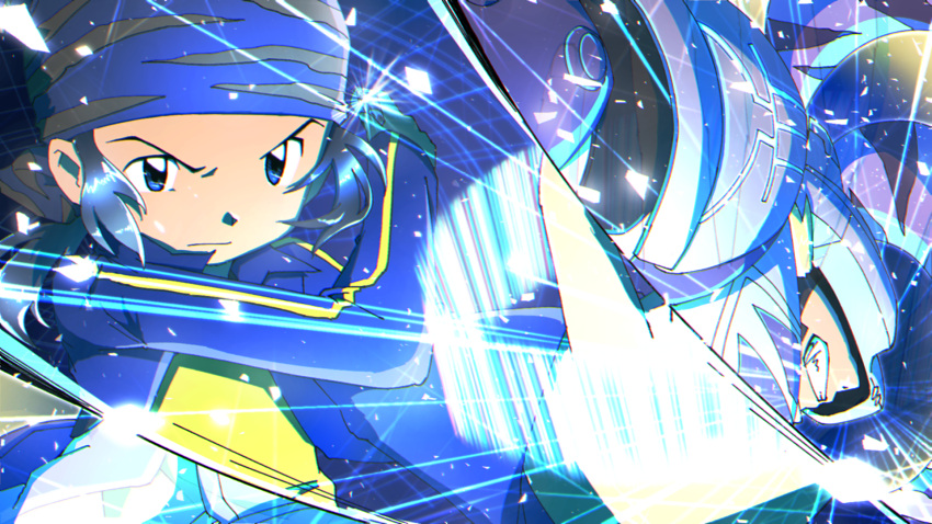 2boys, armor, bandana, black_hair, blue_armor, blue_bandana, blue_jacket, clenched_teeth