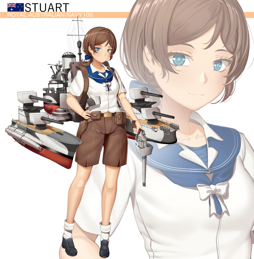 1girl, absurdres, ammunition_pouch, anti-aircraft_gun, australian_flag, belt_buckle, black_footwear, blue_eyes