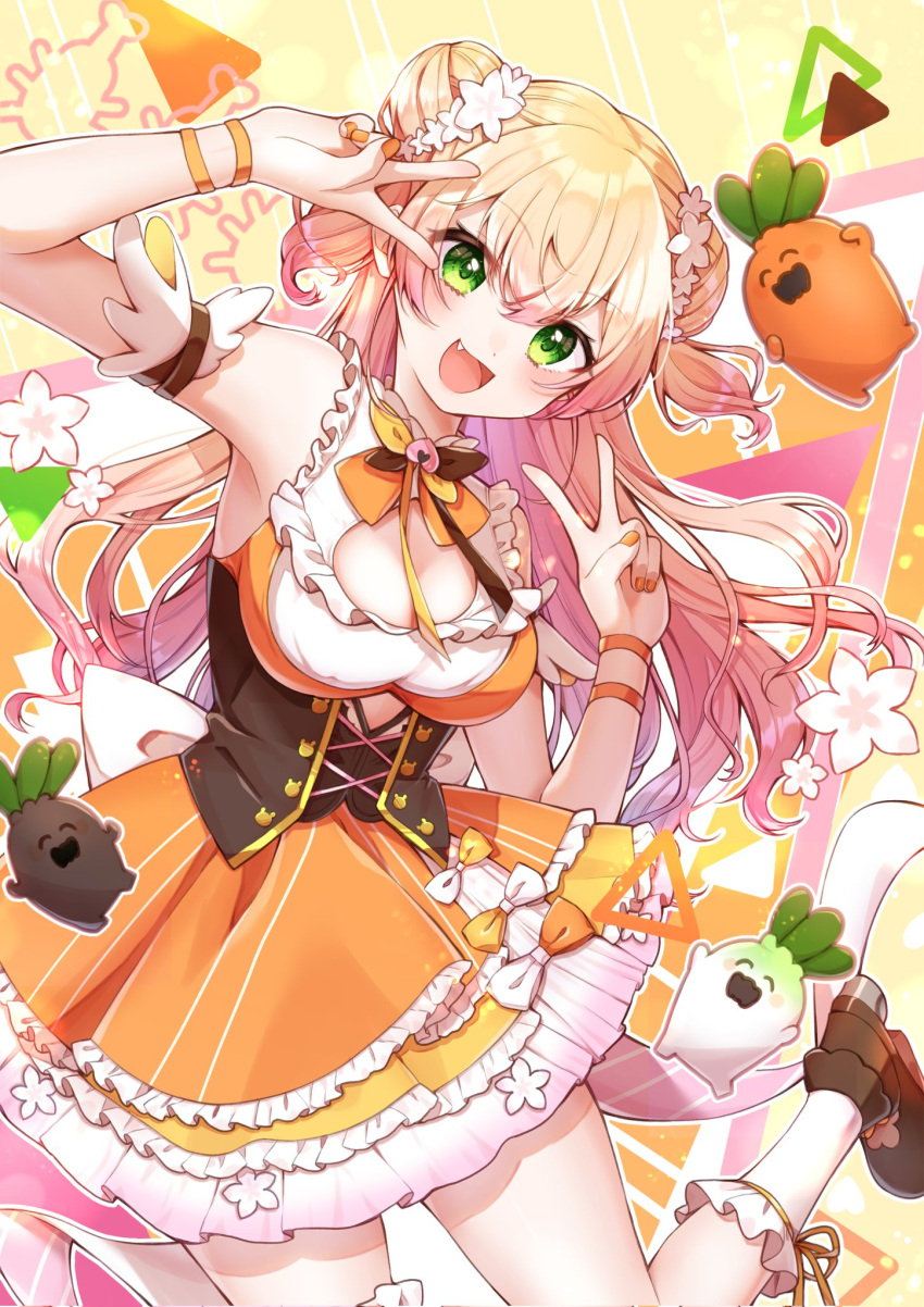 1girl, :d, arm_garter, back_bow, blonde_hair, boots, bow, bowtie, breasts, brown_corset, brown_footwear, cleavage_cutout, clothing_cutout, commentary_request, corset, crossed_bangs, cutout_above_navel, double_bun, double_v, dress_flower, fang, flower, frilled_shirt, frilled_skirt, frills, green_eyes, hair_between_eyes, hair_bun, hair_flower, hair_ornament, hands_up, high_heel_boots, high_heels, highres, hololive, kuwaefuru, large_breasts, layered_skirt, leaning_to_the_side, leg_up, long_hair, miniskirt, momosuzu_nene, momosuzu_nene_(1st_costume), multicolored_bowtie, nekko_(momosuzu_nene), orange_bow, orange_bowtie, orange_nails, orange_shirt, orange_skirt, petticoat, shirt, skirt, skirt_set, sleeveless, sleeveless_shirt, smile, socks, solo, two_side_up, underbust, v, virtual_youtuber, white_socks, wristband, yellow_skirt