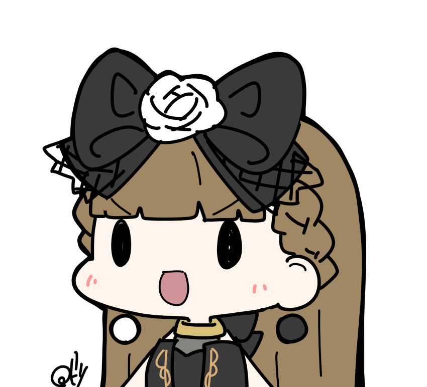 1girl, :d, black_bow, black_dress, blunt_bangs, bow, braid, brown_hair