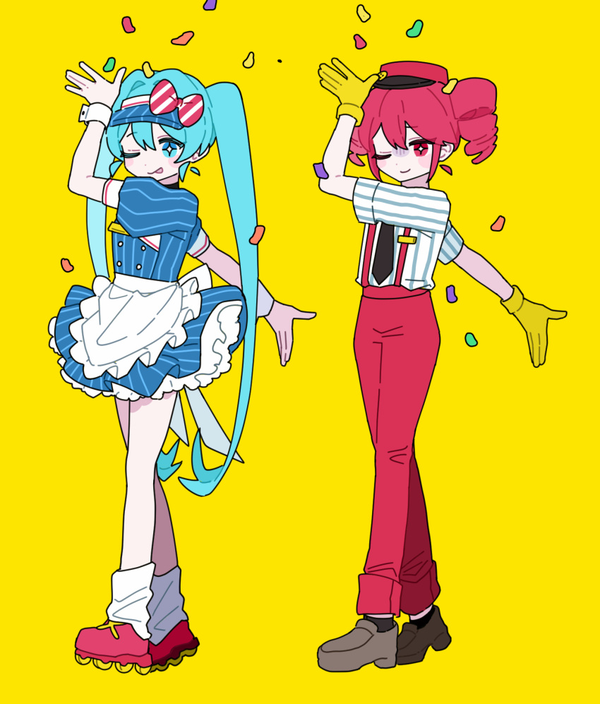 2girls, :q, arm_up, black_necktie, blue_dress, blue_eyes, blue_hair, blue_hat, bow, closed_mouth, confetti, dress, drill_hair, hair_bow, hat, hatsune_miku, highres, kasane_teto, long_hair, mesmerizer_(vocaloid), multiple_girls, multiple_views, necktie, one_eye_closed, pants, pink_eyes, pink_hair, pink_hat, pink_pants, puffy_short_sleeves, puffy_sleeves, sesam344, shirt, short_sleeves, simple_background, smile, socks, sparkling_eyes, striped_bow, striped_clothes, striped_headwear, striped_shirt, tongue, tongue_out, twin_drills, twintails, utau, very_long_hair, visor_cap, vocaloid, white_socks, yellow_background