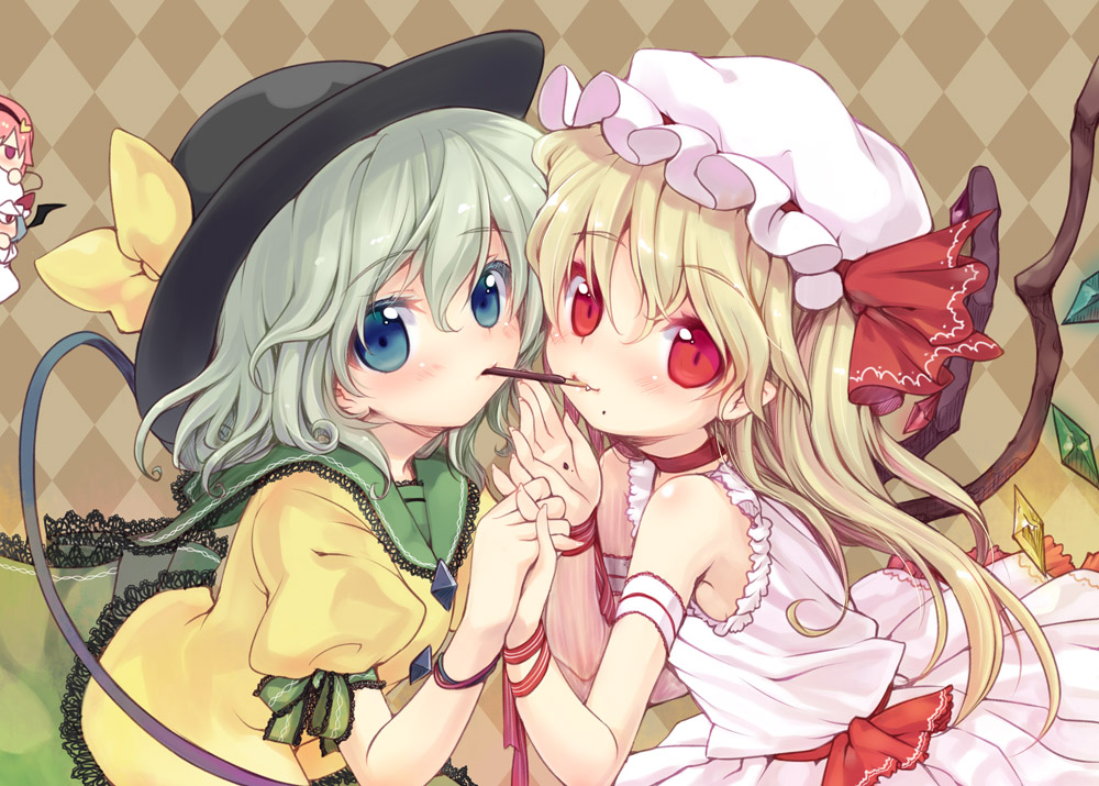 alternate_costume, annoyed, argyle, argyle_background, bare_shoulders, blonde_hair, blue_eyes, blush