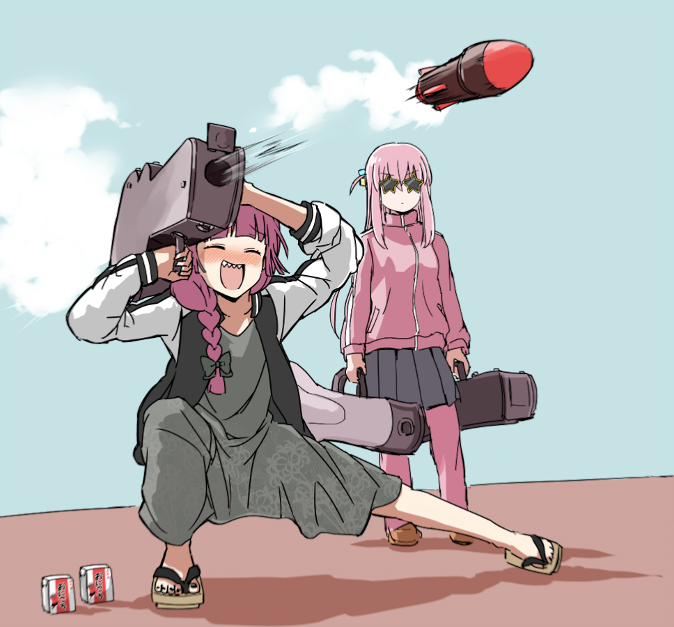 2girls, ahoge, alcohol, alcohol_carton, black_skirt, blush, bocchi_the_rock!, bow