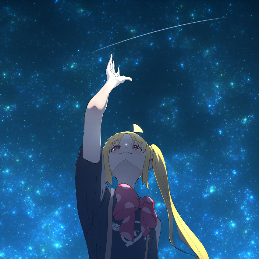 1girl, ahoge, arm_up, blonde_hair, blue_shirt, blush, bocchi_the_rock!, bow