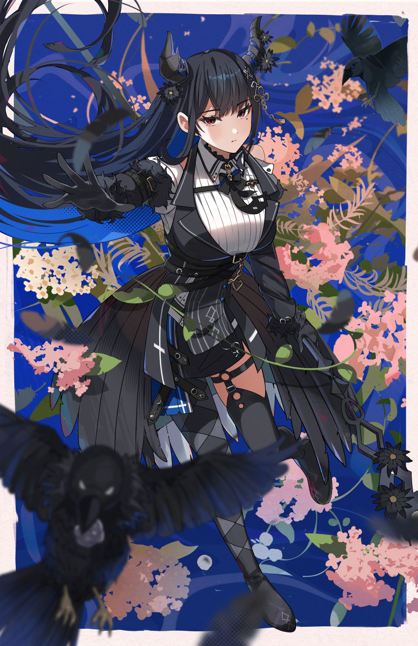 1girl, absurdres, asymmetrical_hair, asymmetrical_horns, beak, bird, black_bow, black_bowtie