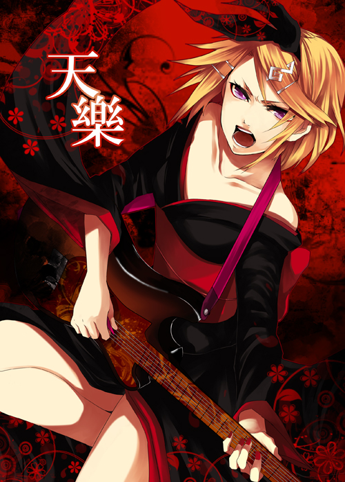 blonde_hair, electric_guitar, guitar, hair_ornament, hair_ribbon, hairclip, instrument, japanese_clothes