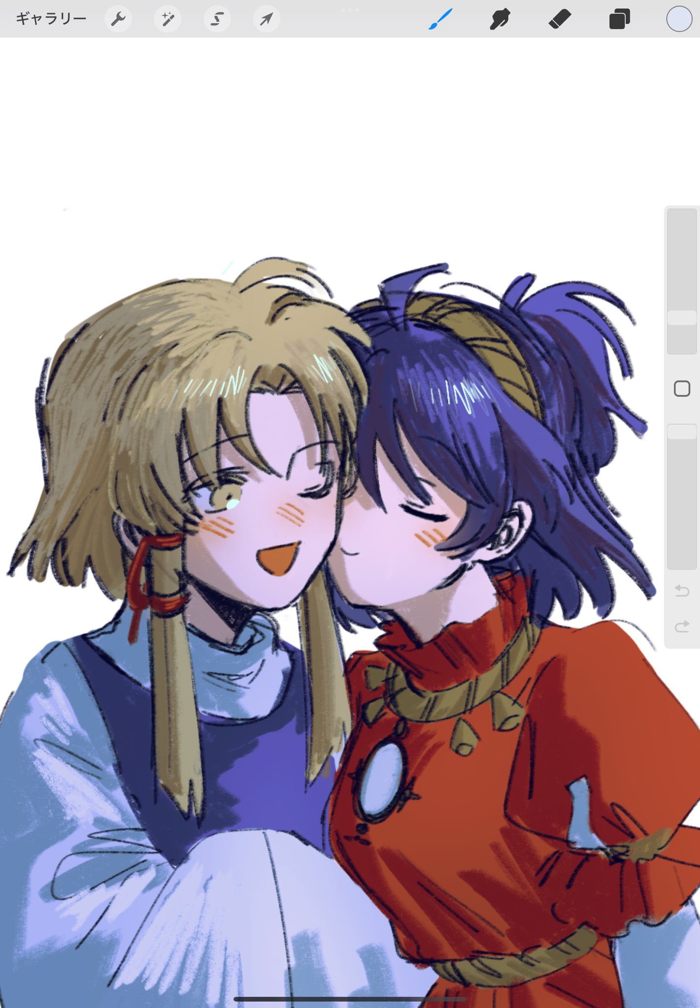 2girls, ame_iru, blonde_hair, blue_hair, closed_eyes, detached_sleeves, hair_bun, hat, highres, long_sleeves, looking_at_another, medium_hair, mirror, moriya_suwako, multiple_girls, one_eye_closed, purple_skirt, purple_vest, red_eyes, red_shirt, shirt, single_hair_bun, skirt, touhou, vest, white_shirt, wide_sleeves, yasaka_kanako, yellow_eyes, yuri