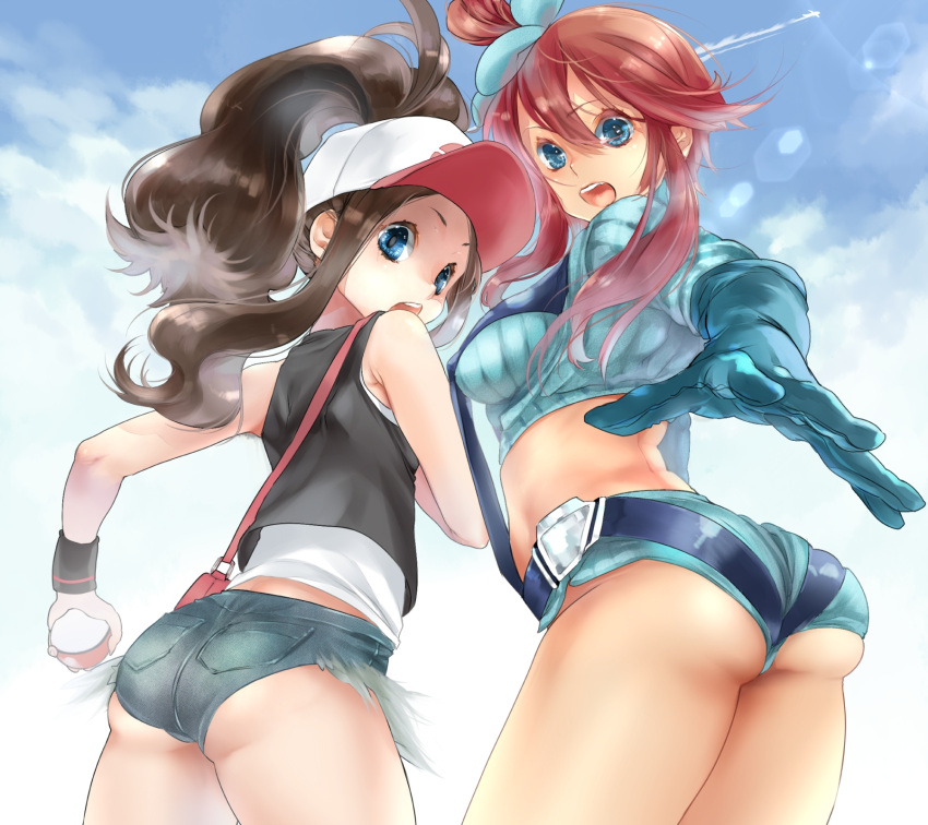 ass, baseball_cap, blue_eyes, brown_hair, cutoffs, denim, denim_shorts, didi_amen, fuuro_(pokemon), gloves, hat, highres, long_hair, looking_back, multiple_girls, poke_ball, pokemon, pokemon_(game), pokemon_black_and_white, pokemon_bw, red_hair, redhead, short_shorts, shorts, touko_(pokemon)