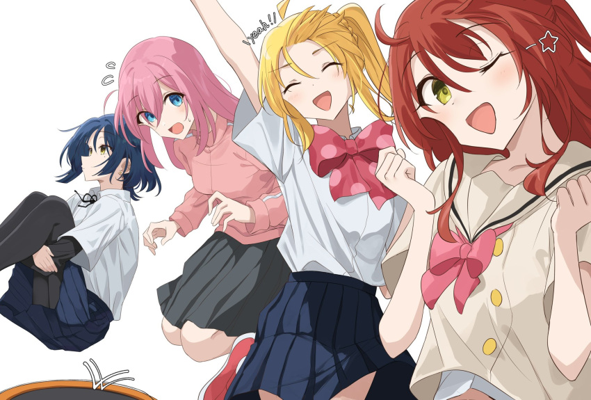 !, !!, 4girls, ahoge, arm_up, black_pantyhose, black_ribbon, black_shirt