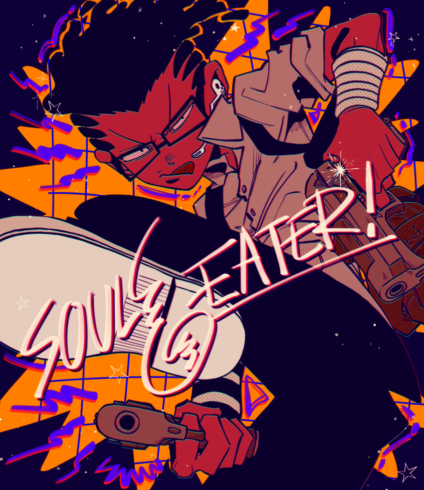 1boy, aiming, aiming_at_viewer, black_hair, black_pants, collared_shirt, copyright_name, dark-skinned_male