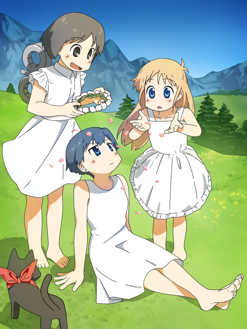 3girls, ahoge, arm_support, bare_shoulders, barefoot, black_cat, blonde_hair, blue_eyes