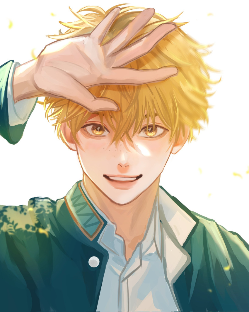 1boy, blonde_hair, collared_shirt, freckles, hair_between_eyes, hand_in_own_hair, harenzero, highres