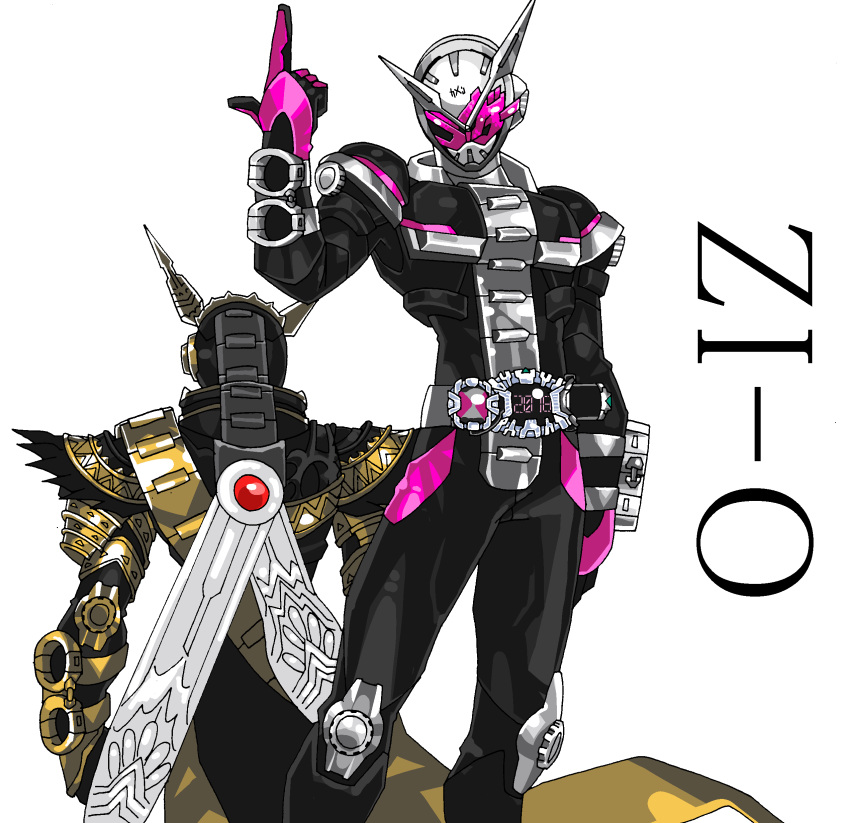 2131001010, 2boys, absurdres, armor, belt, bodysuit, character_name, clock_hands