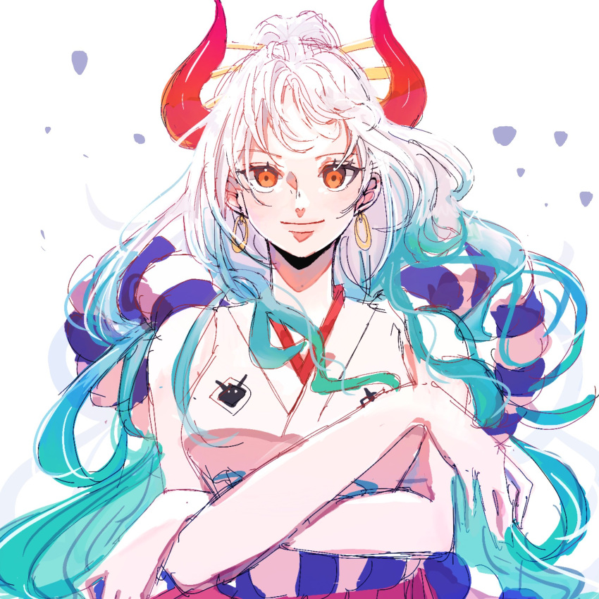 1girl, aqua_hair, crossed_arms, earrings, hair_ornament, highres, horns, japanese_clothes