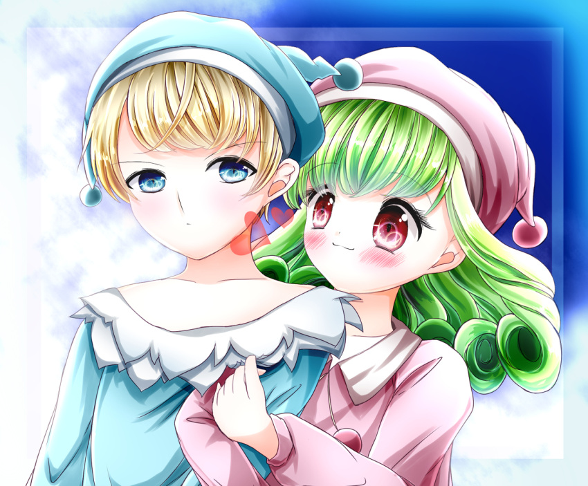 1boy, 1girl, blonde_hair, blue_eyes, blue_pajamas, blush, commentary_request, green_hair