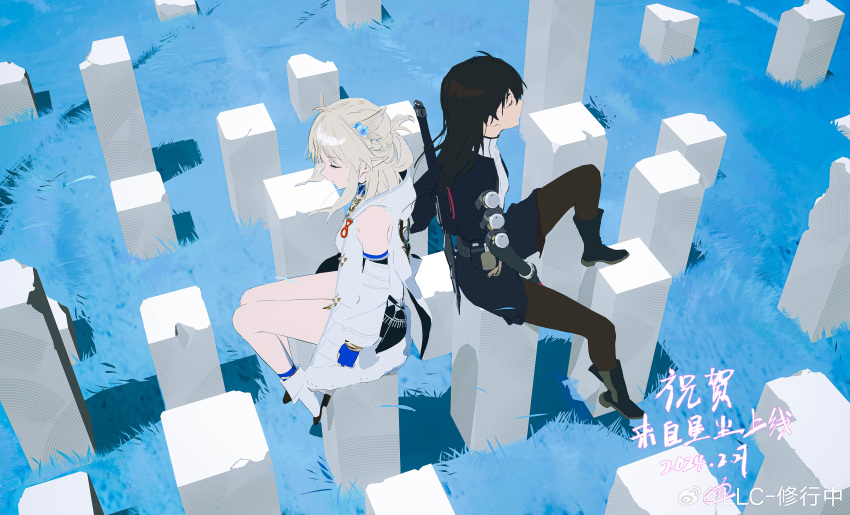 2girls, absurdres, black_footwear, black_hair, black_jacket, blonde_hair, ex_astris, fingerless_gloves