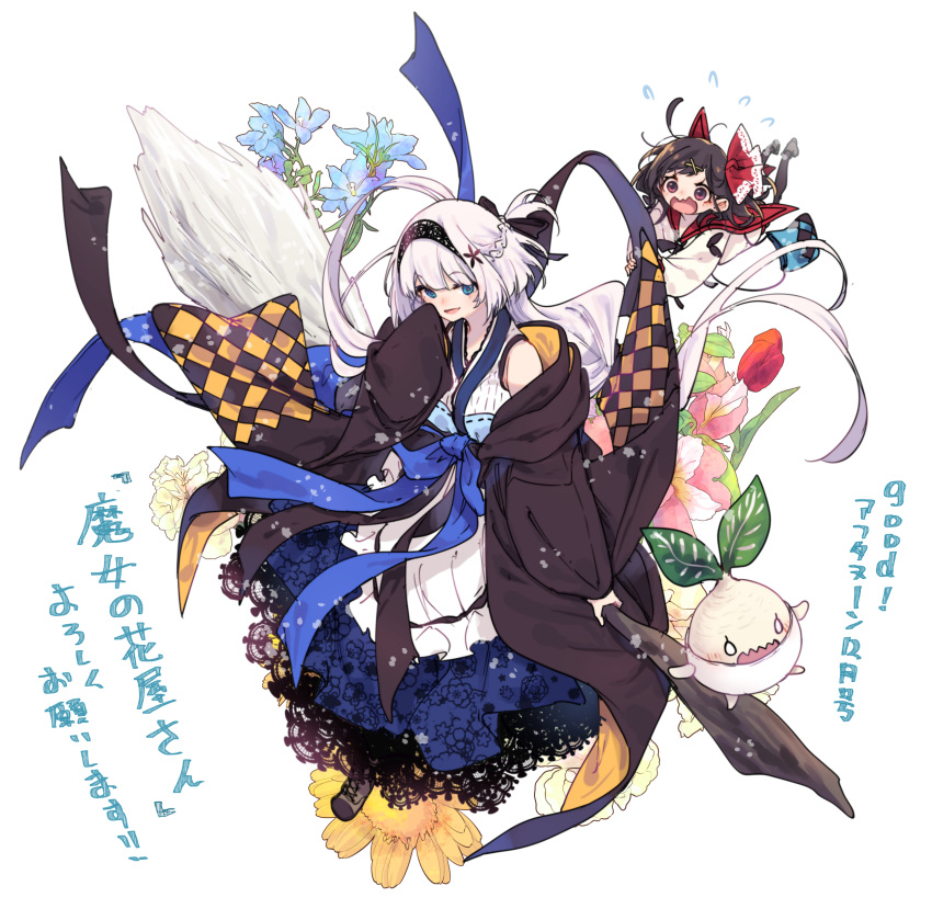 2girls, :d, absurdres, allie=abel, black_coat, black_hairband, blue_dress, blue_eyes