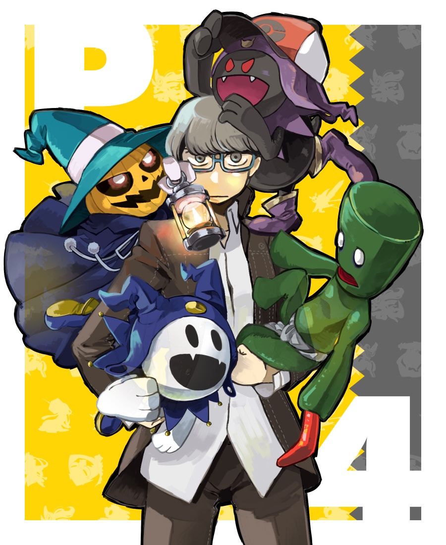 glasses, grey_eyes, grey_hair, hat, jack_frost, mokoi, narukami_yuu, persona