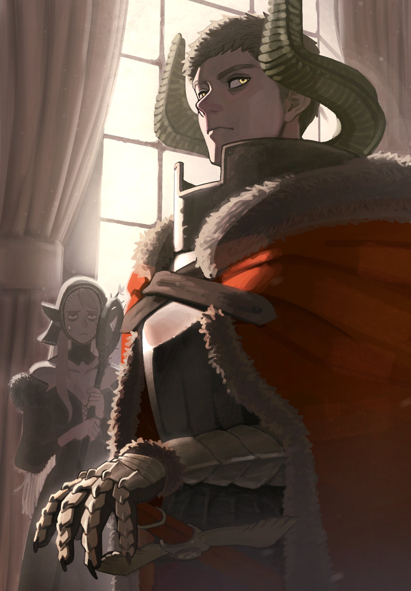 1boy, 1girl, alternate_universe, ambrosia_(dungeon_meshi), armor, bags_under_eyes, bare_shoulders, black_corset, black_hood, blonde_hair, bracer, breastplate, clawed_gauntlets, cloak, commentary, corset, curtains, detached_hood, detached_sleeves, dungeon_meshi, ear_covers, fake_horns, fur-trimmed_cloak, fur-trimmed_sleeves, fur_trim, furrowed_brow, gorget, half-closed_eyes, hand_on_sheath, highres, holding, holding_staff, hood, hooded_cloak, horns, kemari_(kemono_mario), kensuke_(dungeon_meshi), laios_touden, laios_touden_(demon_king), light_brown_hair, long_hair, marcille_donato, marcille_donato_(lord), plate_armor, red_cloak, scabbard, sheath, short_hair, spoilers, staff, sweatdrop, upper_body, very_long_hair, window, yellow_eyes