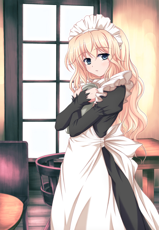 apron, blonde_hair, blue_eyes, blush, dress, green_eyes, long_hair, maid