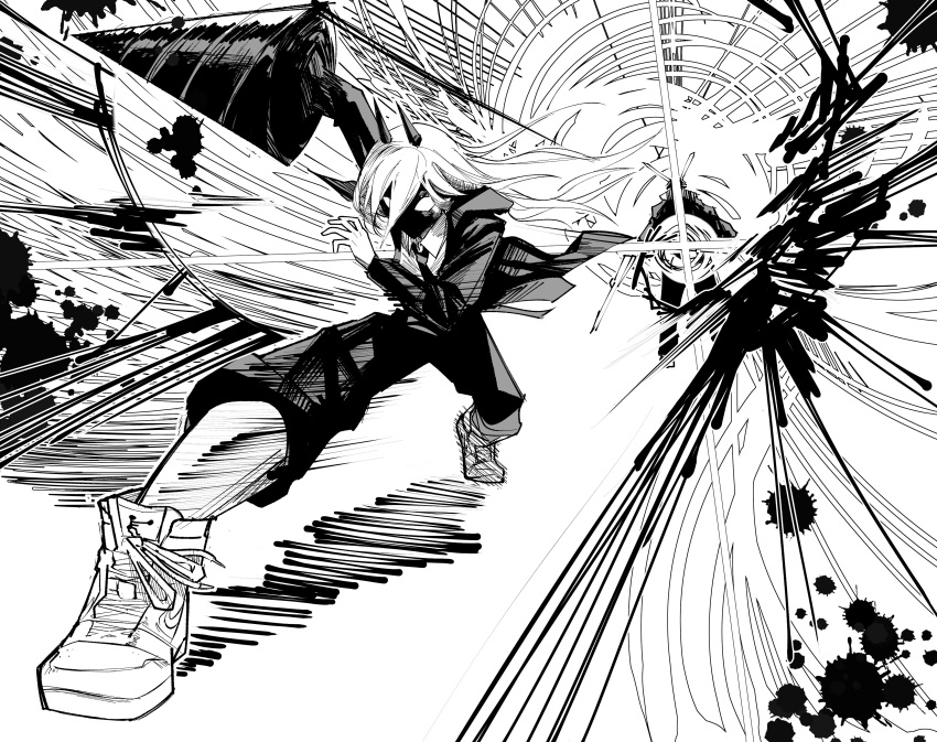 1boy, 1girl, absurdres, blood, blood_splatter, chainsaw_man, commentary, drill, english_commentary, foreshortening, greyscale, hatching_(texture), heartbreak_juan, highres, hood, hoodie, horns, monochrome, necktie, pants, power_(chainsaw_man), shaded_face, shoes, sneakers, speed_lines, sugo_miri